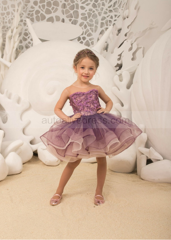 Beaded Purple Tulle Knee Length Keyhole Back Flower Girl Dress